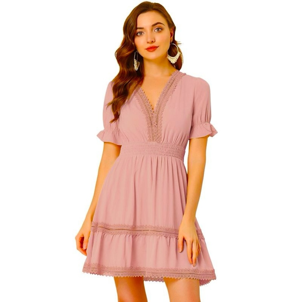 Allegra K Women's Solid Color V Neck Crochet Trim Puff Sleeves Mini Dress M Pink